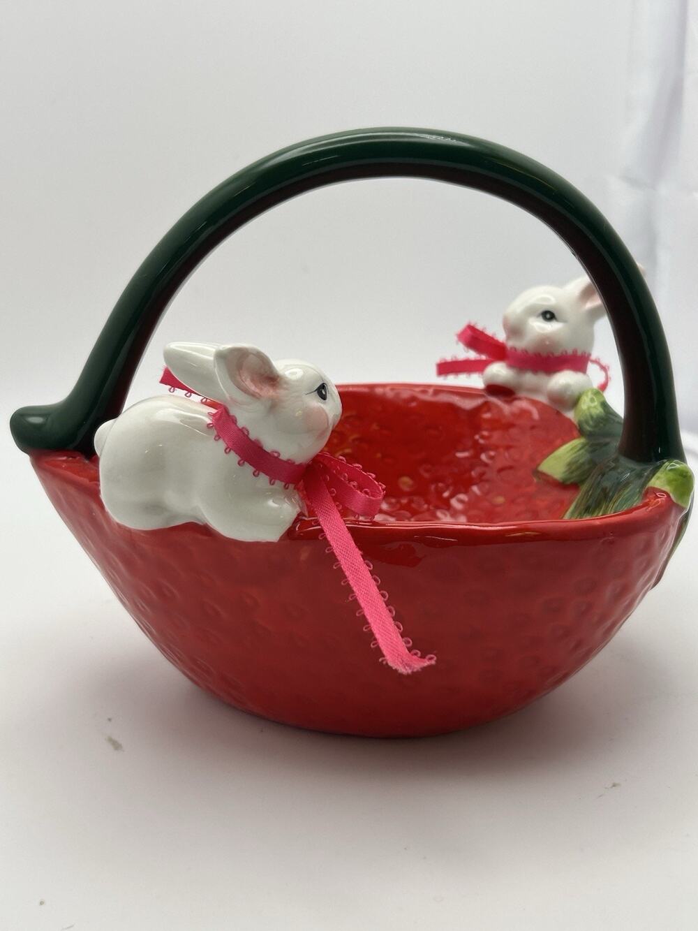 Hoppers Lane. Strawberry Basket With Bunnies. Glazed Clay.